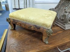 A 19th century gilt metal mounted marquetry inlaid rectangular walnut footstool, width 38cm, depth