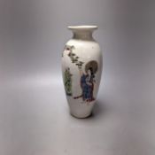 An unusual Worcester polychrome enamelled vase, c.1755-60, of unusual shape, finely painted with a