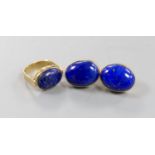 A pair of 9ct gold and lapis earrings, 21mm and a similar dress ring, size Q, gross weight, 27.2