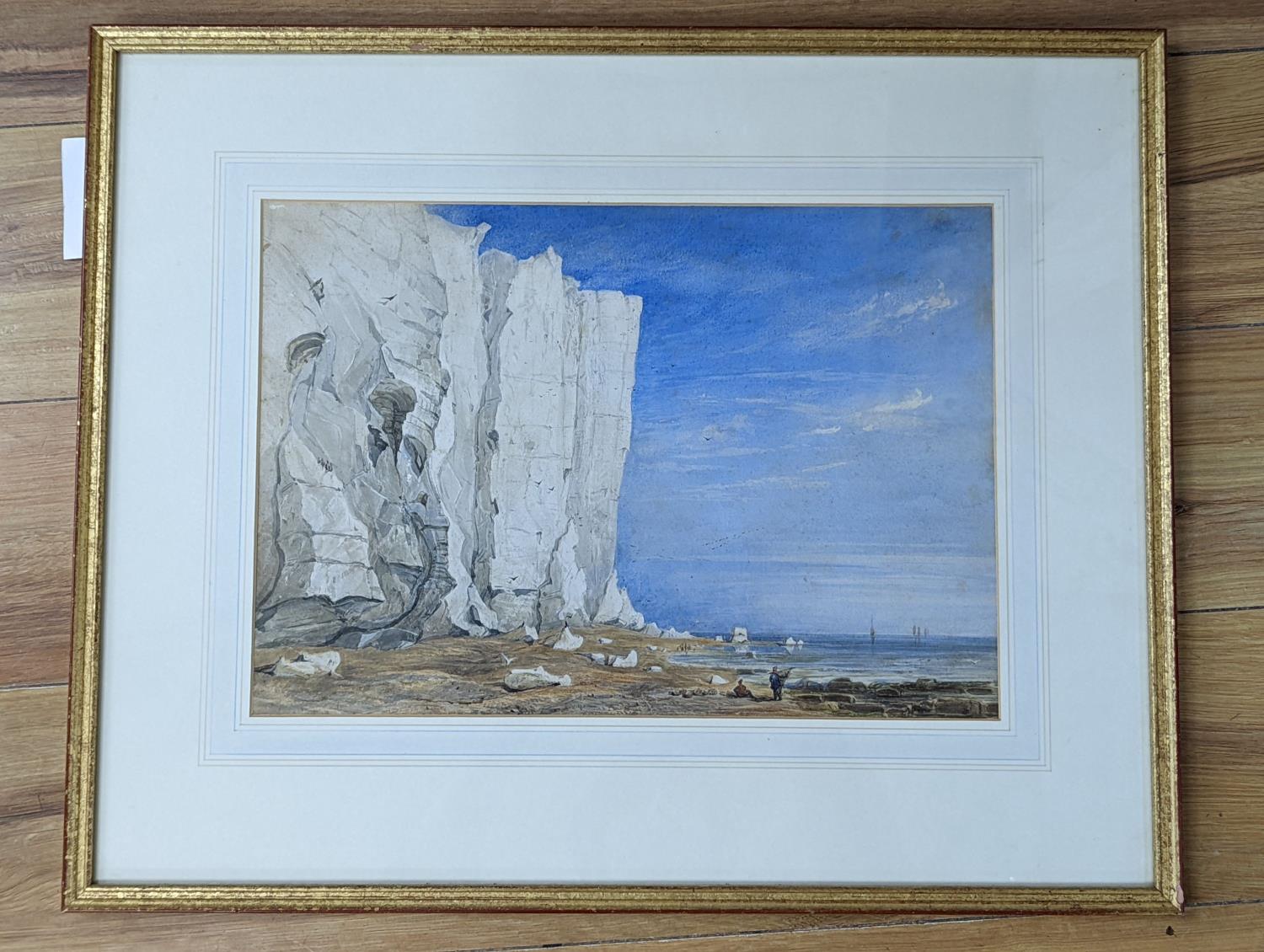 19th century English School, watercolour, Fisherfolk beneath sea cliffs, 28 x 41cm - Image 2 of 3