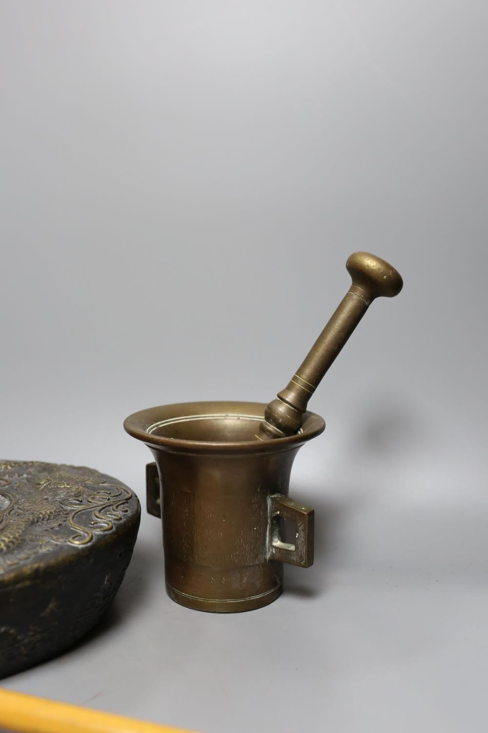 Two pestles and mortars and a Chinese gong with beater, gong 21 cms wide. - Image 3 of 5