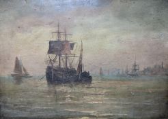 19th century English School, oil on mahogany panel, Shipping off the coast at sunset, 25 x 36cm,