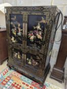 A Chinese hardstone mounted black lacquered four door side cabinet, width 92cm, depth 51cm, height