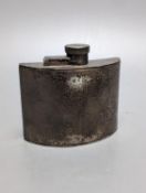 A George V silver demi-lune shaped hip flask, Birmingham, 1929, width 97mm, gross 144 grams.