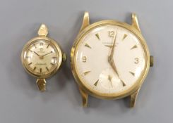 A gentleman's 9ct gold watch Longines manual wind wrist watch (no strap) and a lady's yellow metal