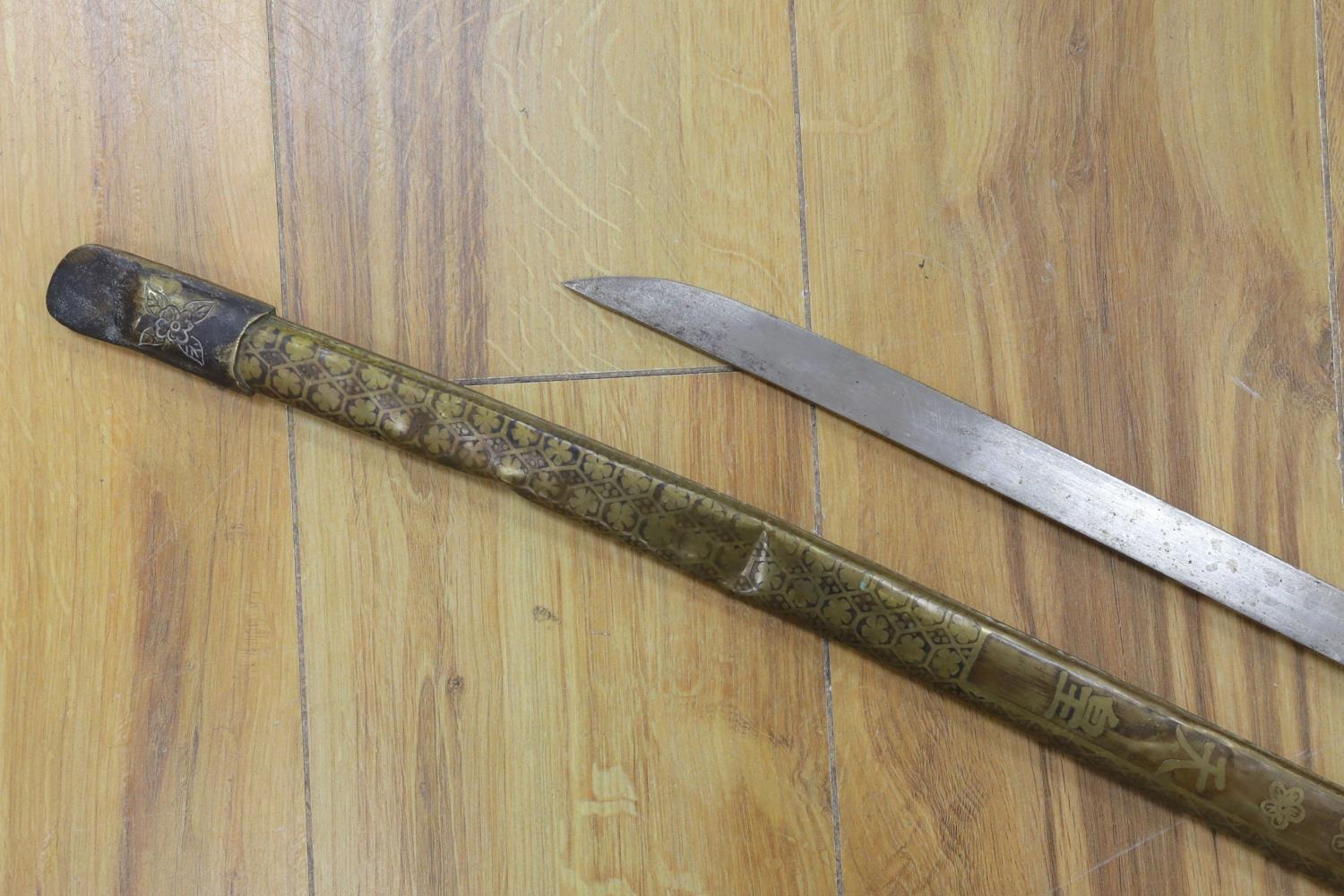 A Chinese sword, single edged blade 64cm, in etched brass scabbard - Image 4 of 7