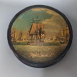 A Napoleonic papier-mâché box, painted with named battleships, 1809, inscribed within, 9cm.