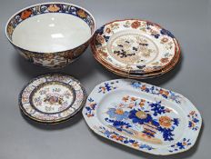 Three Masons plates, a similar platter, two armorial plates and a Japanese bowl, stoneware platter