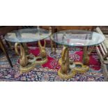 A pair of Empire style circular glass top gilt composition ‘swan’ occasional tables. D-69cm, H-