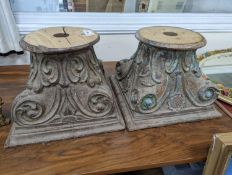 A near pair of carved and painted wood Corinthian column capitals, width 41cm, depth 41cm, height