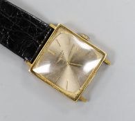 A gentleman's 1960's 18ct gold Longines manual wind dress wrist watch (part of strap missing), gross