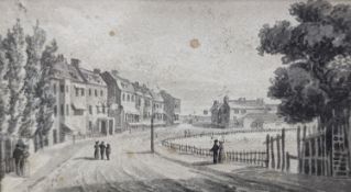 English School c.1840, monochrome watercolour, Brighton street scene, 4.5 x 8.5cm