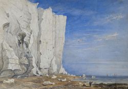 19th century English School, watercolour, Fisherfolk beneath sea cliffs, 28 x 41cm
