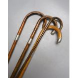 Four silver mounted walking canes, longest 85 cms.