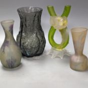 A Whitefriar's glass vase and three glass ornaments 20cm