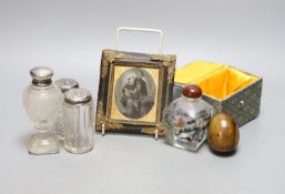 Eleven various silver-mounted glass dressing bottles, Chinese inside-painted snuff bottle, etc.