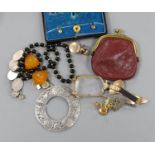 Mixed jewellery including two 9ct gold studs, a 9ct gold and enamel brooch, gross 5 grams and