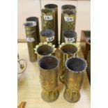 Collection of twelve WW1 trench art shell casings, tallest 31 cms high.