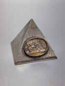 A boxed Collingwood of Conduit Street white metal pyramid shaped box, containing five dice and