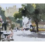 John Yardley (1933-), watercolour, Street scene with castle beyond, 30 x 35cm