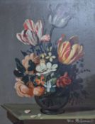 Van Bloemart, oil on board, Still life of flowers in a vase, signed, 24 x 19cm