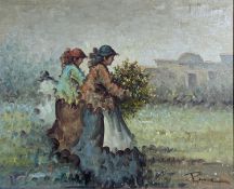 Pecora (American, b.1934-), oil on canvas, Women working in the fields, signed, 40 x 48cm