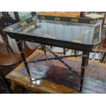 A Regency style rectangular papier mache tray top table, width 76cm, depth 56cm, height 54cm