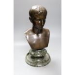 A bronze bust of Octavian, on associated marble socle, 42 cms high including stand.