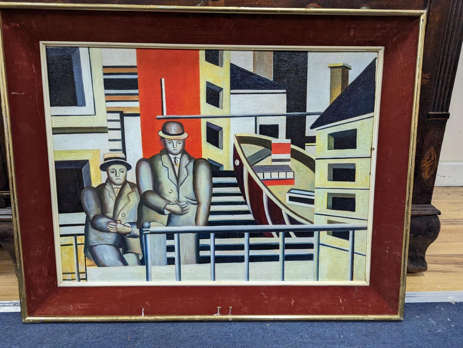 After Fernand Leger, oil on board, Street scene with two figures, 44 x 59cm - Image 2 of 2