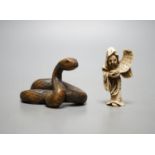 A Japanese ivory figure of a sage and a signed carved wood snake netsuke, 5cm long