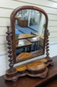 A Victorian mahogany barley twist toilet mirror, width 78cm, depth 29cm, height 76cm