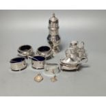 A late Victorian small silver condiment stand with three glass condiments, London, 1883, 49mm, other