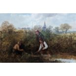 Victorian School, oil on canvas, Eel catchers, monogrammed CAH, 50 x 76cm