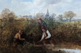 Victorian School, oil on canvas, Eel catchers, monogrammed CAH, 50 x 76cm