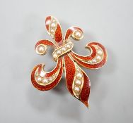 A continental 14k yellow metal, red enamel and graduated seed pearl set fleur du lis brooch, 29mm,