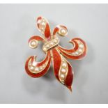 A continental 14k yellow metal, red enamel and graduated seed pearl set fleur du lis brooch, 29mm,