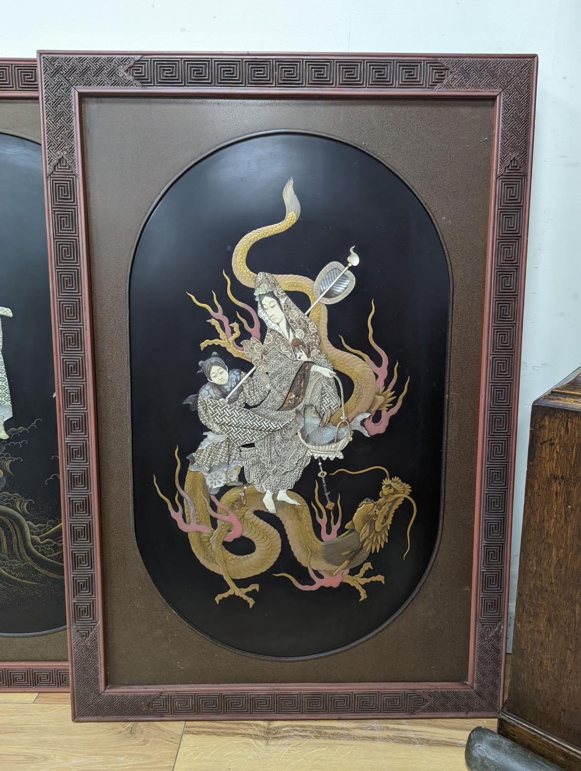 A pair of Japanese Shibayama panels, Meiji period, with cinnabar lacquer frames - Image 2 of 2