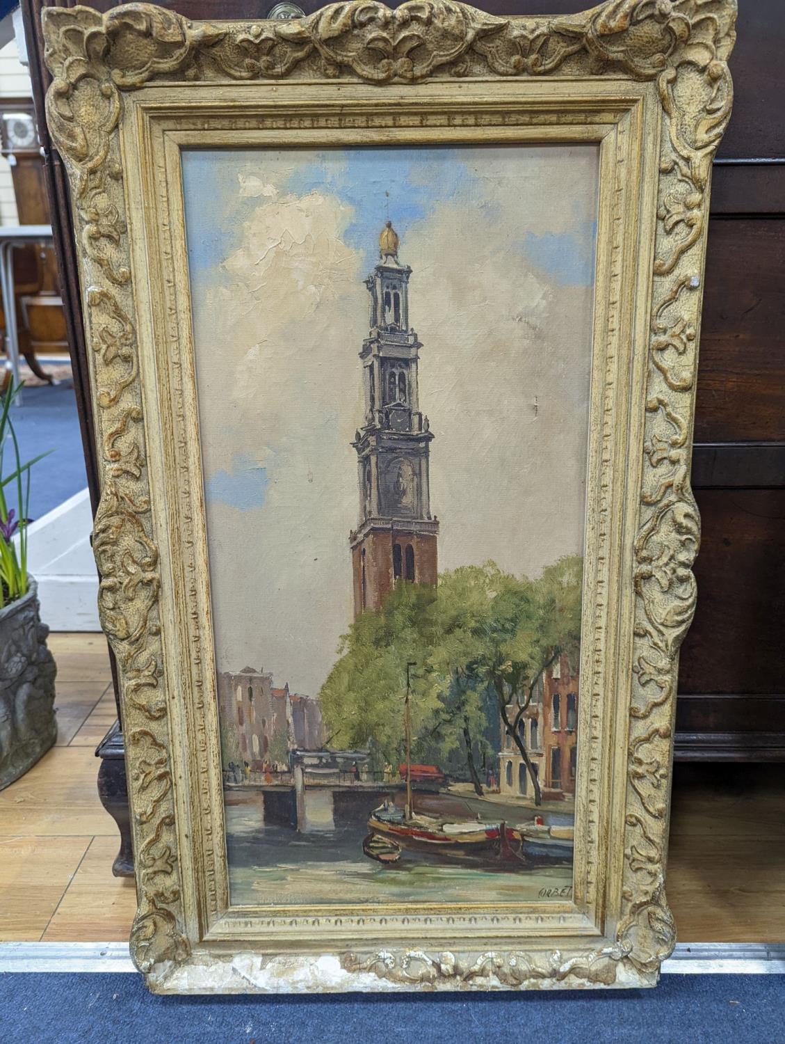 Corbet, oil on canvas, View of a Dutch church spire, signed, 59 x 29cm - Image 2 of 2