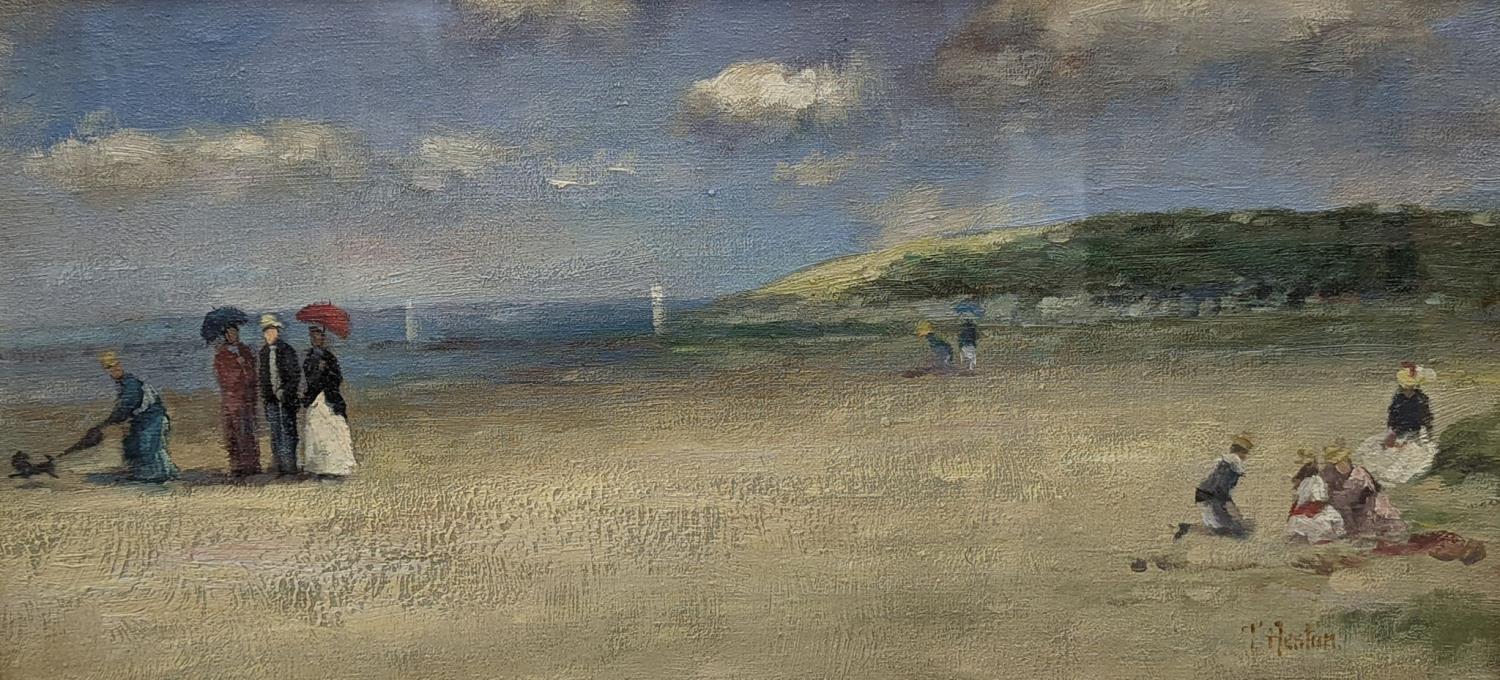 T. Heston, oil on card, Figures on a beach, signed, 24 x 52cm