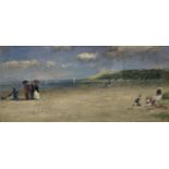 T. Heston, oil on card, Figures on a beach, signed, 24 x 52cm