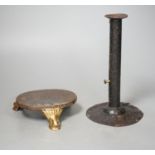 An 18th century provincial tole candlestick and an 18th century iron and brass oval stand,