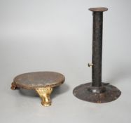 An 18th century provincial tole candlestick and an 18th century iron and brass oval stand,