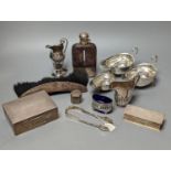 A group of assorted silver items including George V silver mounted hip flask(bruise), a pair of