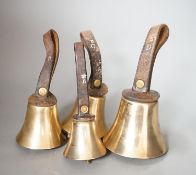 A rare set of 32 Whitechapel musical handbells, full chromatic scale, circa 1900, largest 23cm,