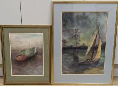Frederick Galden, watercolour, Sailing dingy on an estuary, signed and dated 1986, 52x 35cm and an
