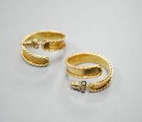 A pair of modern 18ct gold hoop earrings, with decorated borders, 27mm,gross 18.8 grams.