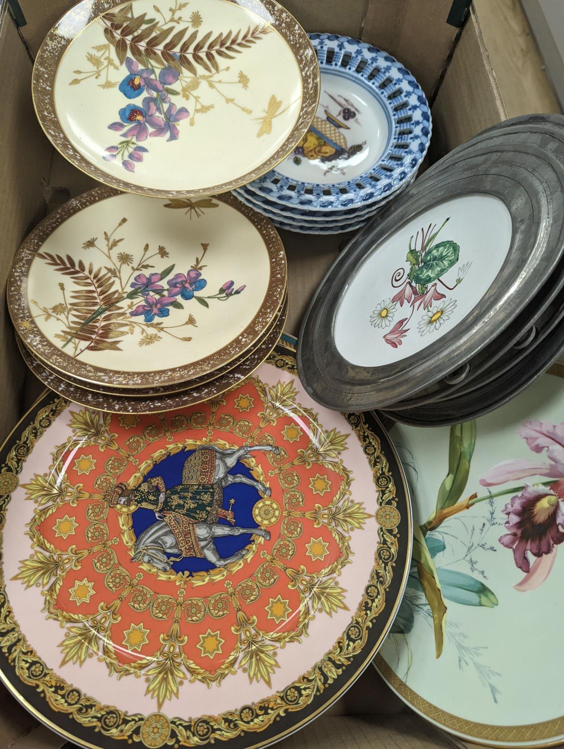 A collection of french pewter and ceramic plates, a set of Dutch fruit plates and a 2 part dessert - Image 2 of 2
