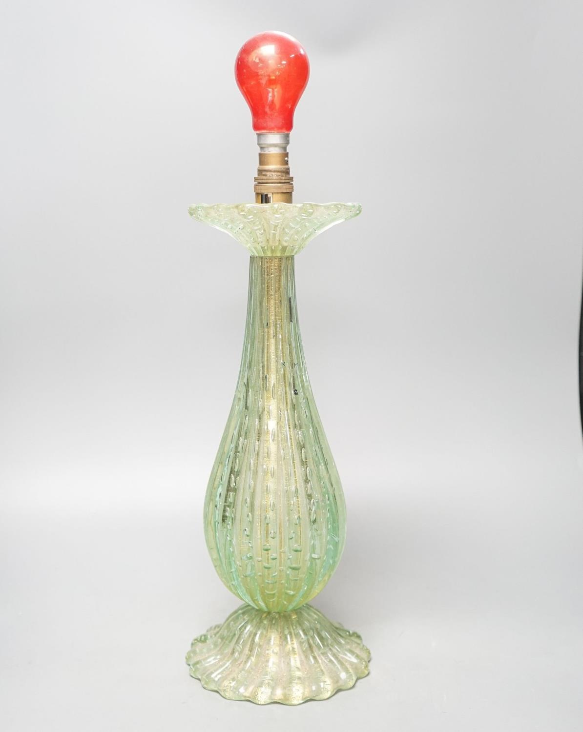 A Victorian green glass and aventurine table lamp, 40cm