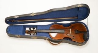 A Maidstone violin, with bow, cased.violin 59 cms high.