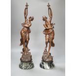 A pair of bronze female dancers, on marble plinths, 47cm